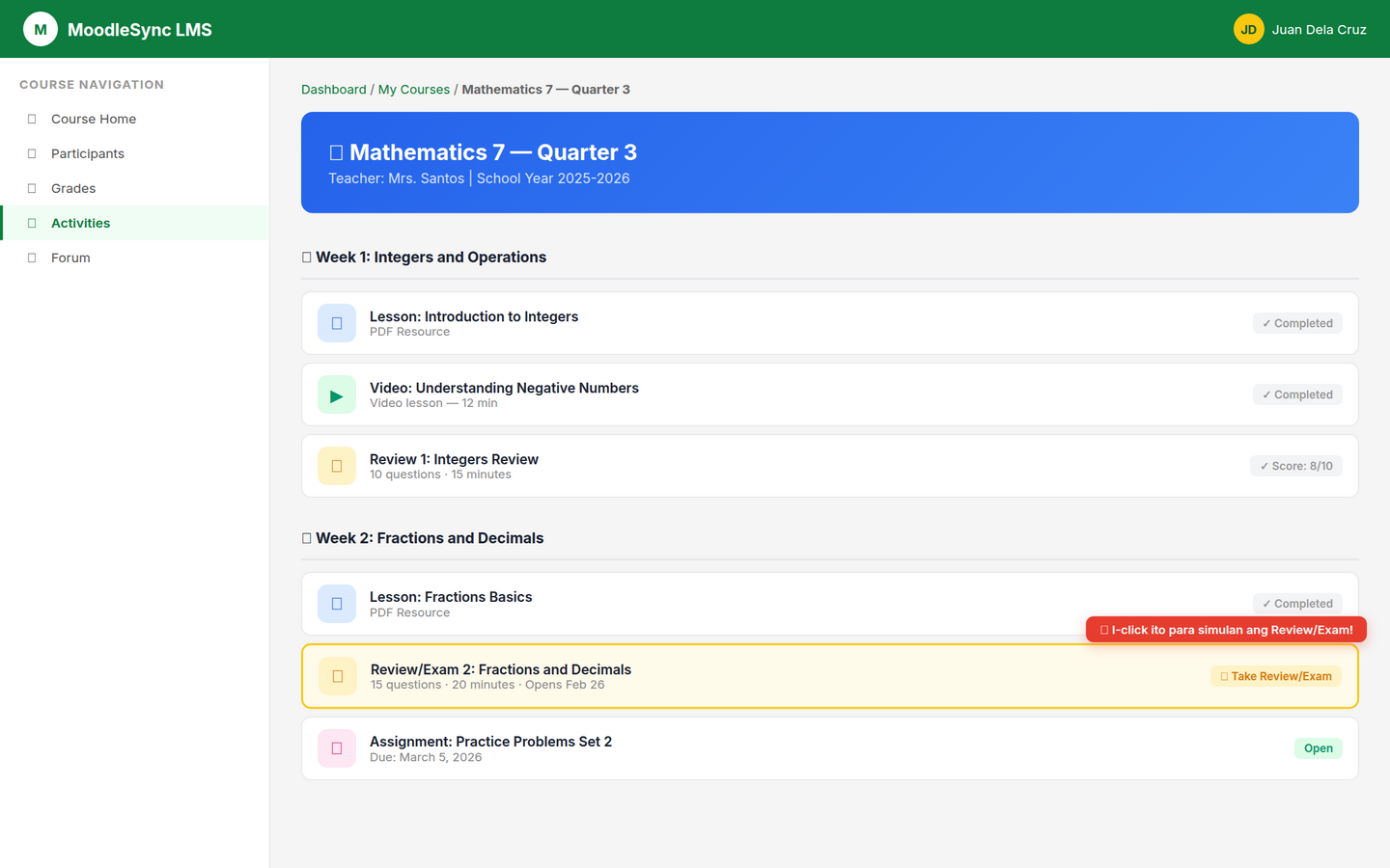 Course Page with Review/Exam Activity