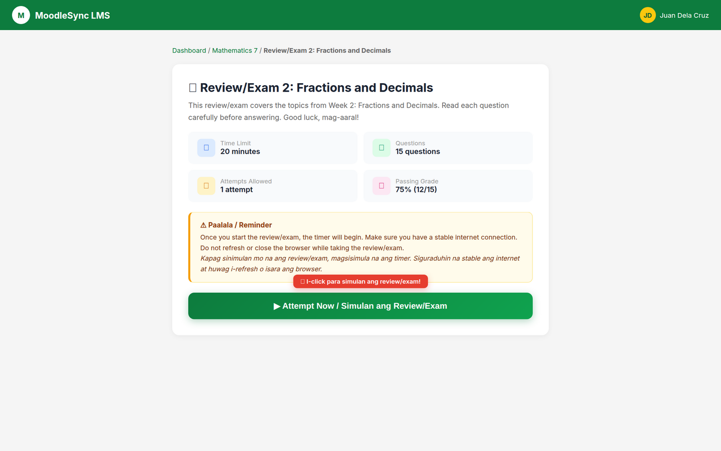 Review/Exam Start Page