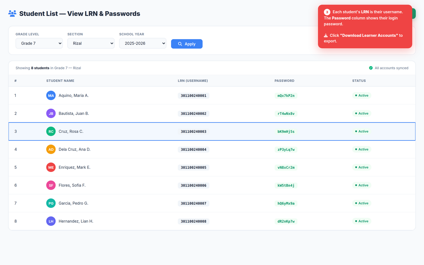 Student List with LRN and Passwords